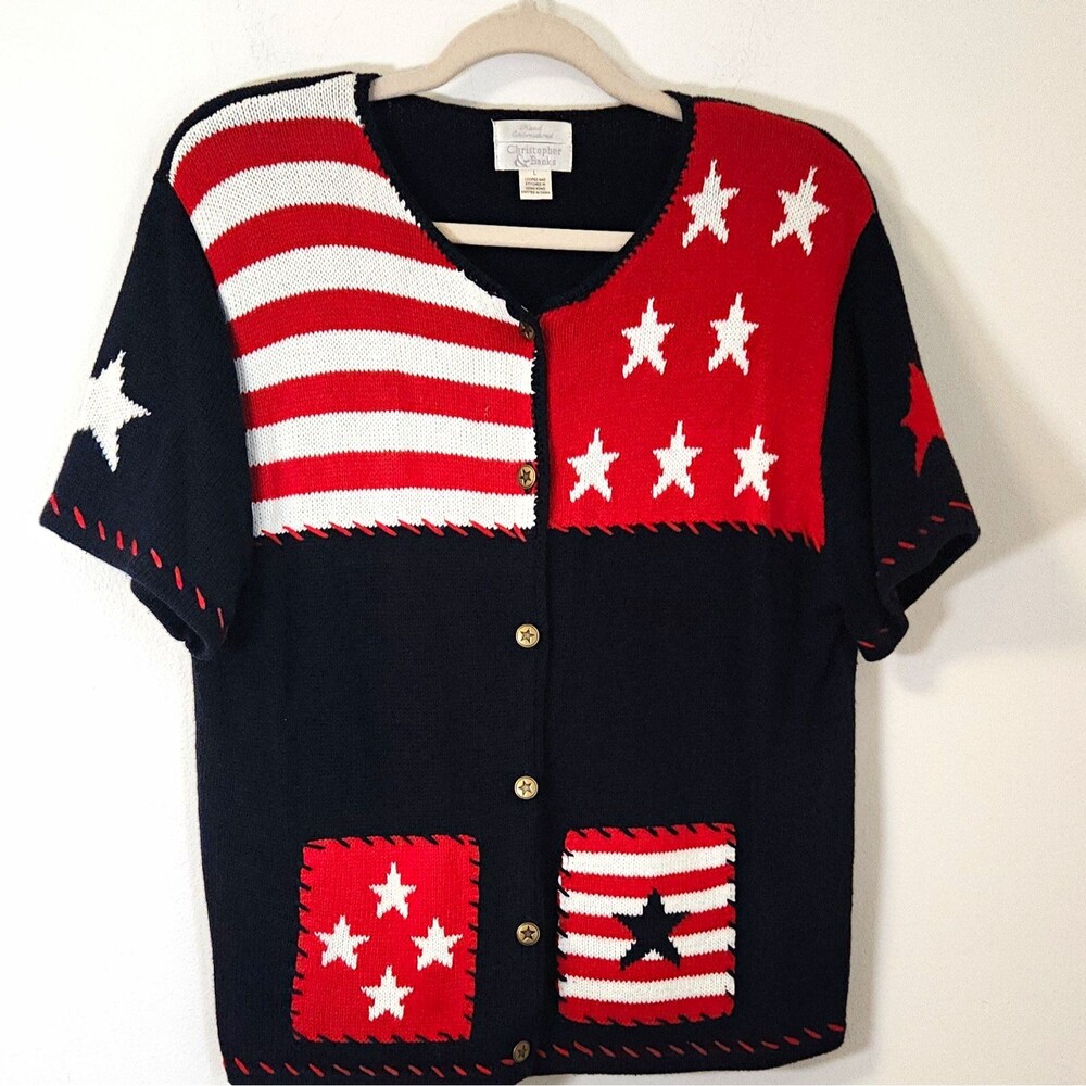 Vintage Patriotic Stars S/S Hand Embroidered Button-Down Sweater Large